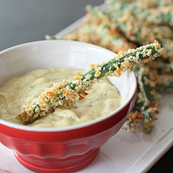 Baked Green Bean Fries with Roasted Garlic Dipping Sauce